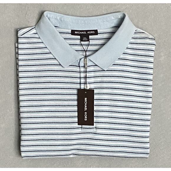 Michael Kors Men's XXL Short Sleeve Polo Cotton & Silk Pastel Blue Stripe NEW - Picture 1 of 12